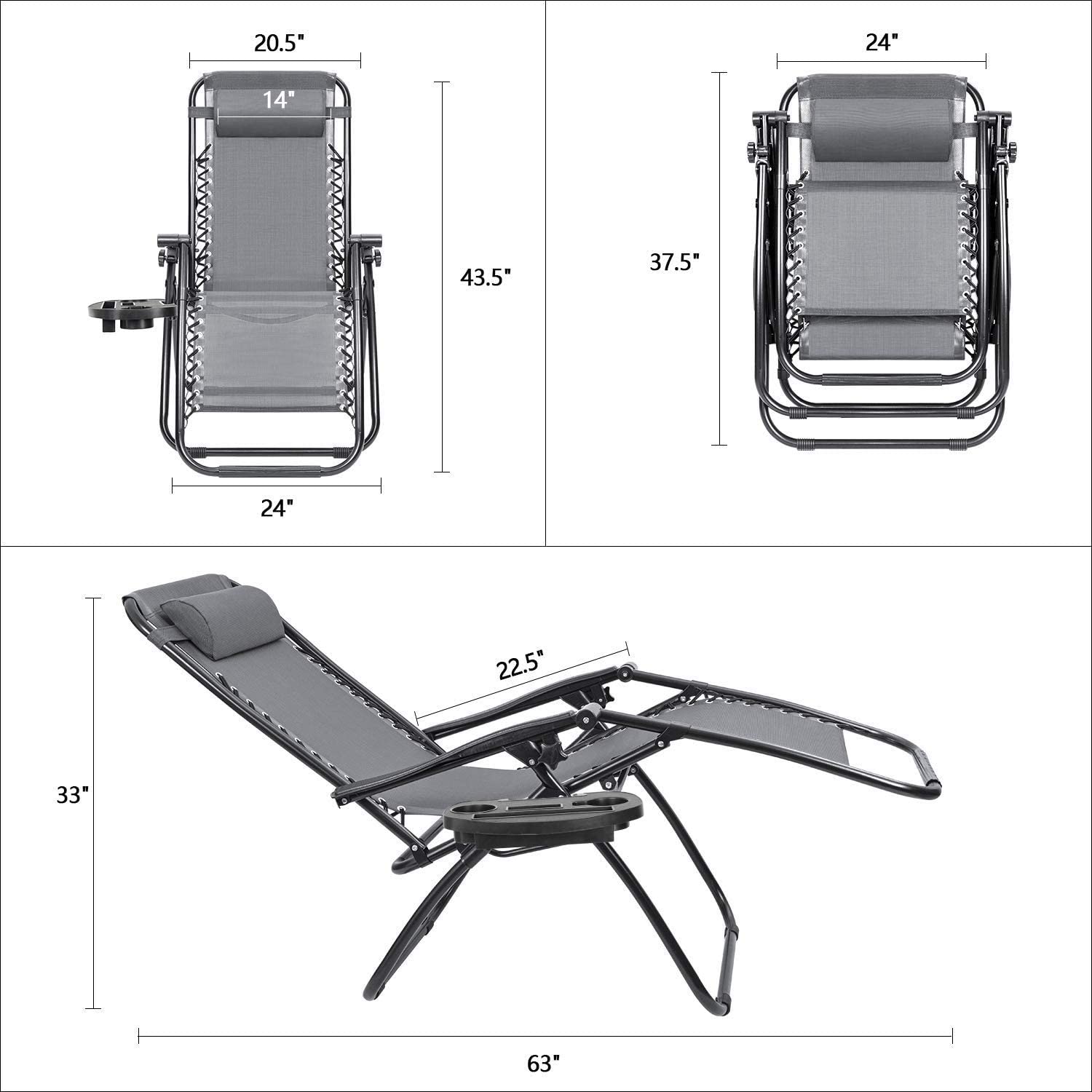 Devoko 2 PCS Zero Gravity Chair Outdoor Lounge Patio Chair Camp Reclining Lounge Chairs, Gray