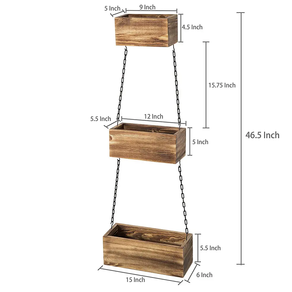 Direct Supply Wall Hanging Rustic Style 3 Tier Decoration Wooden Flower Box With Black Metal Chain.