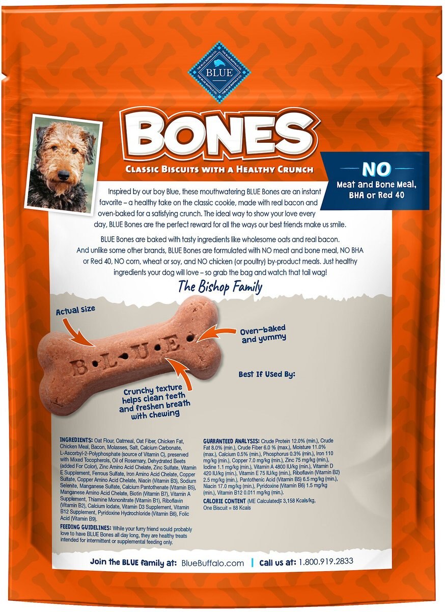 Blue Buffalo Bones Classic Biscuits Bacon Large Dog Treats， 16-oz bag