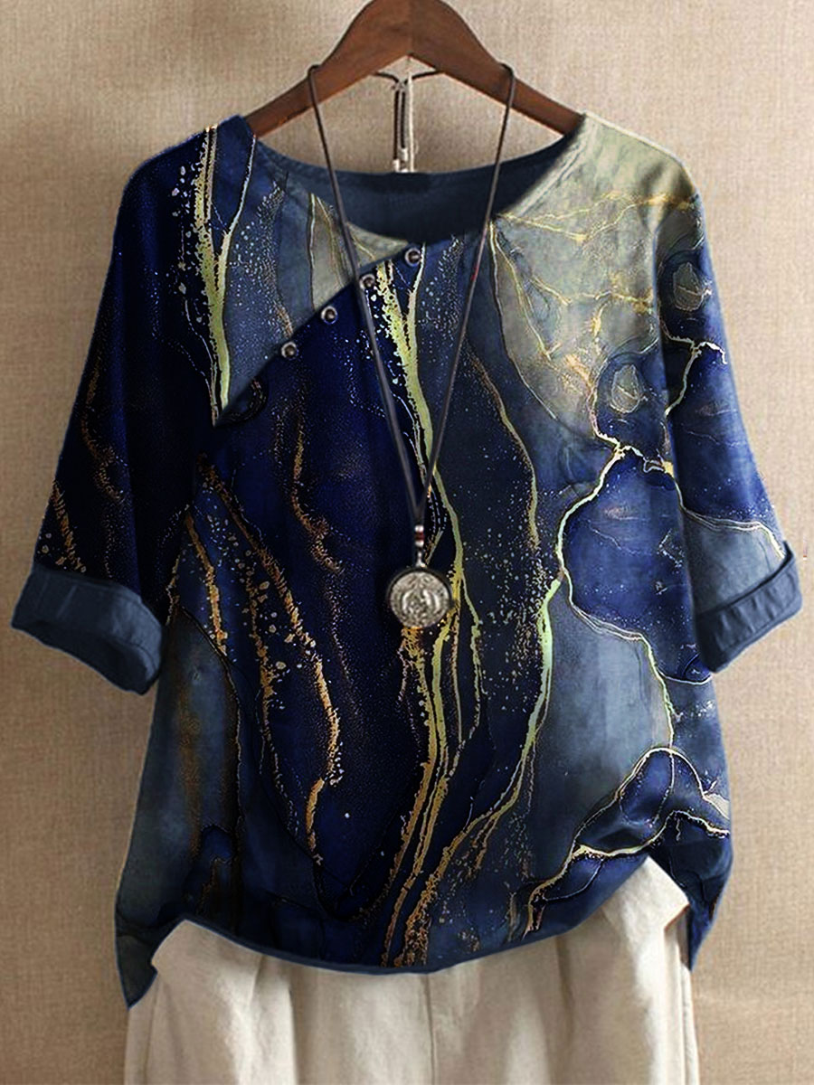 Round Neck Casual Loose Marble Print Short Sleeve Blouse