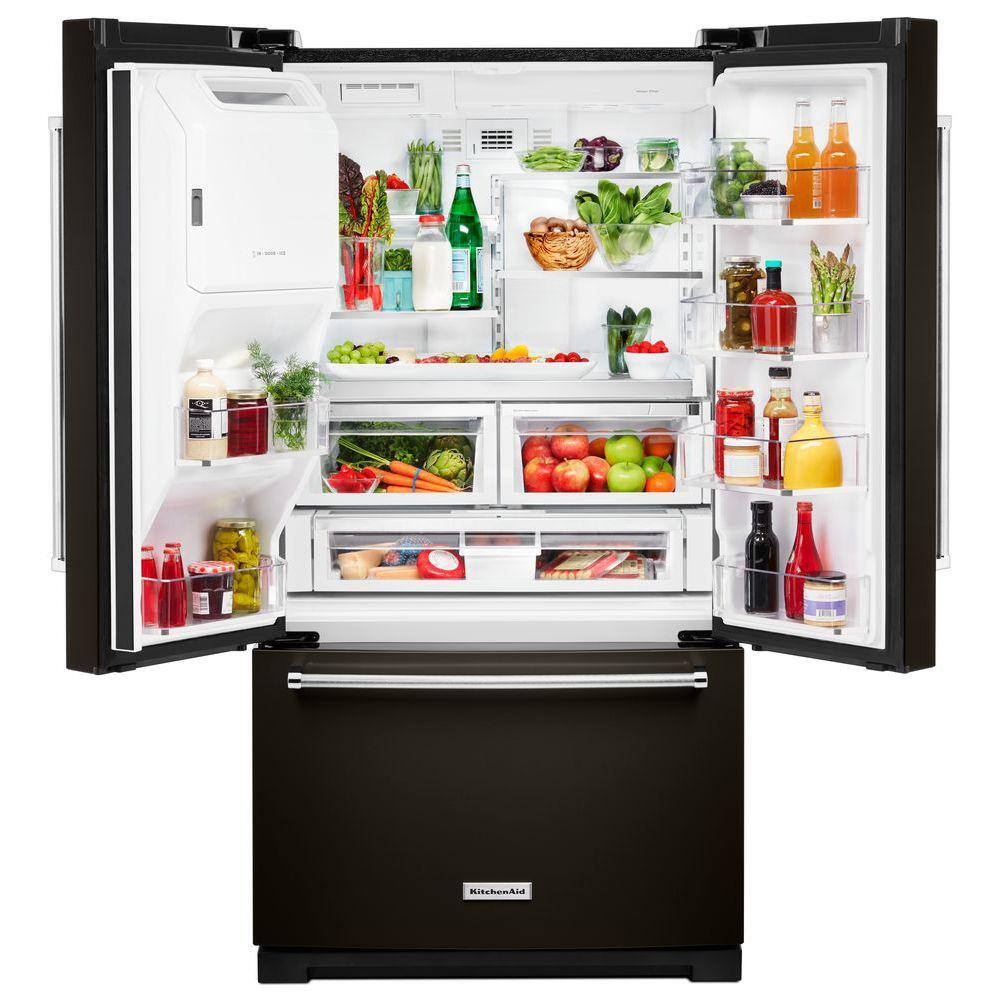 KitchenAid 27 cu. ft. Bottom Freezer Refrigerator in PrintShield Black Stainless with Exterior Ice and Water KRFF507HBS