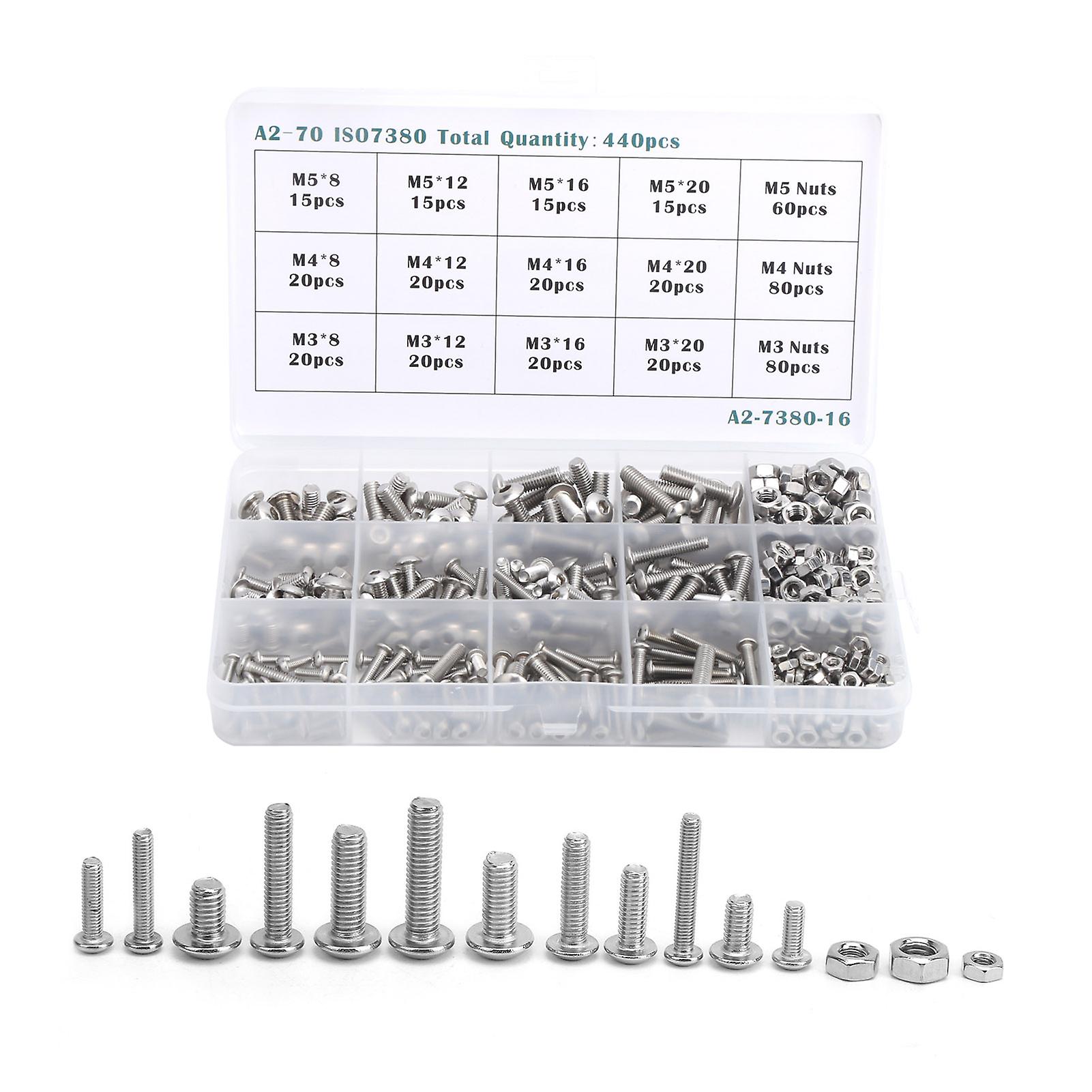 440pcs M3/m4/m5 Hex Socket Screw With Nut Assortment Set Stainless Steel Fastener Hardware