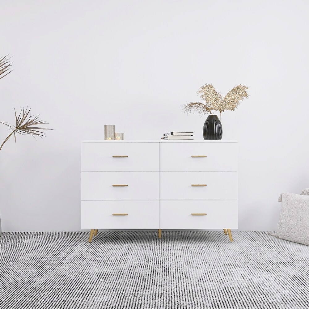 High Glossy Surface 6 Drawers Chest of Drawer with Golden Handle and Golden Steel Legs Vanity