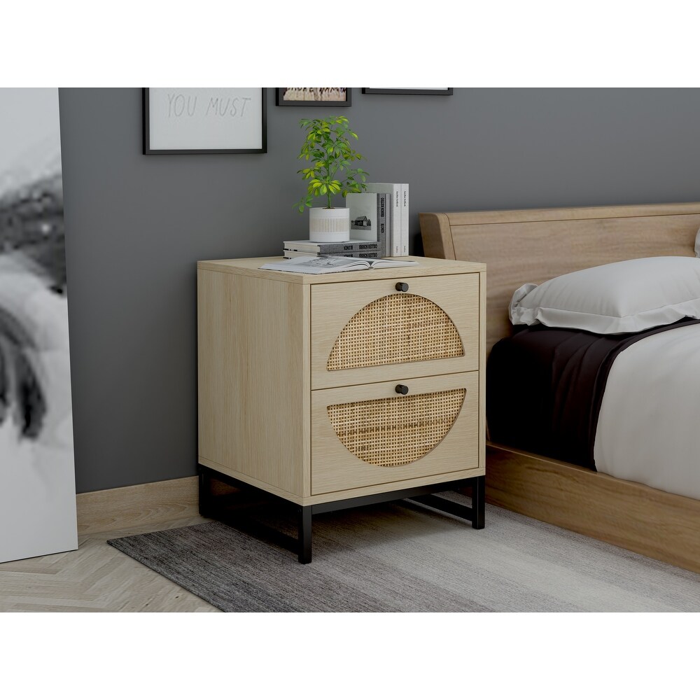 Natural Rattan Bark 2 drawer Nightstand  Semicircular Pattern Embedded  Upper and Lower Drawers  Protruding Round Handles