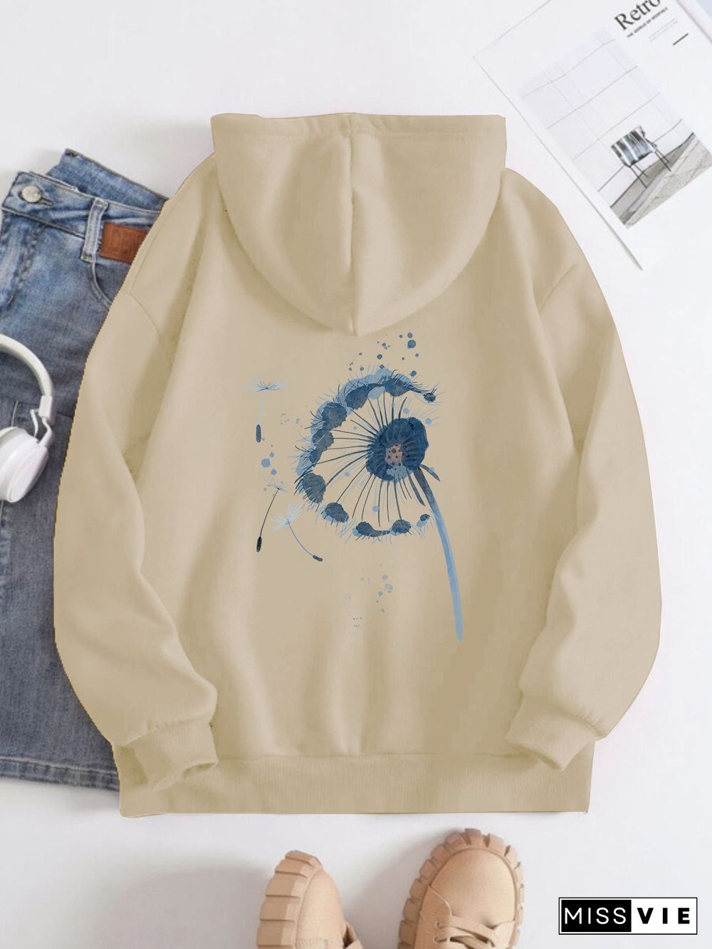 Printed on the Back Kangaroo Pocket Hoodie Long Sleeve for Women Pattern Dandelion