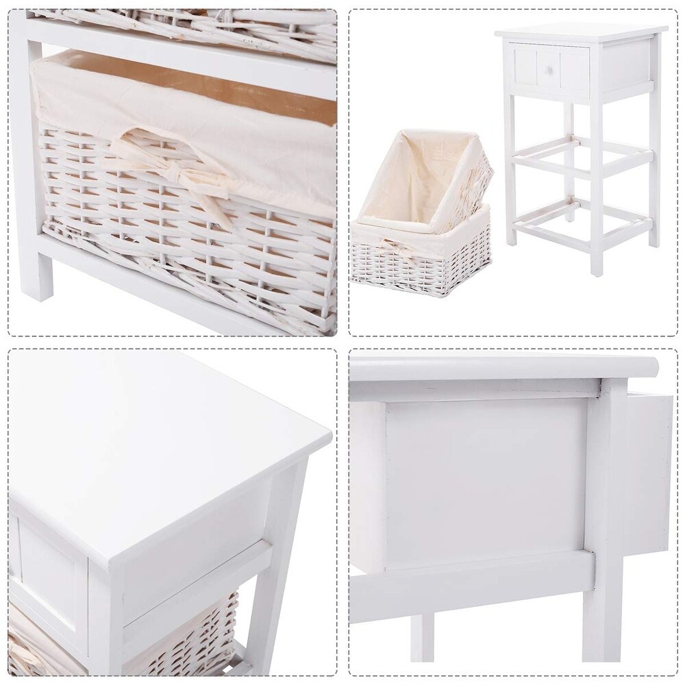 Nightstand with Drawers Wooden  W/ 2 Storage Baskets and Open Shelf for Bedroom  Bedside Sofa End Table (1  White)