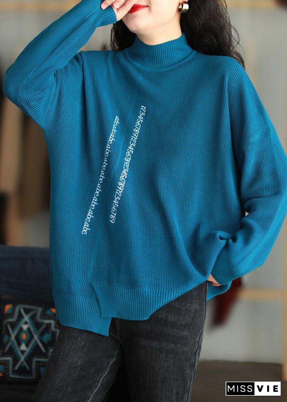 Oversized Blue Embroidery Blouse High Neck Oversized Knitted Blouse