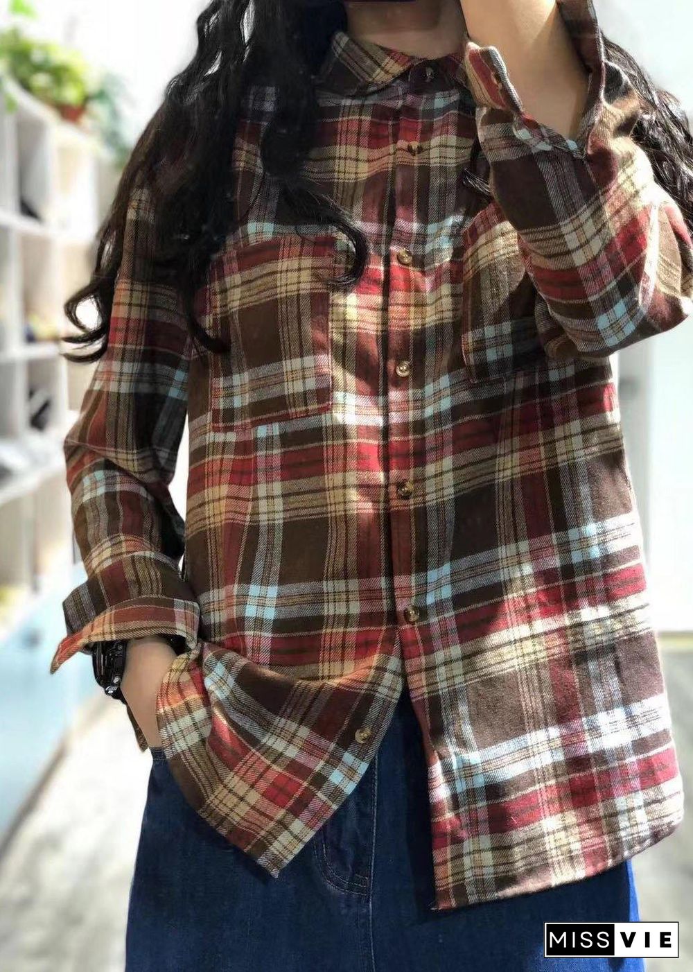 Unique red plaid cotton tunic top lapel collar silhouette autumn shirts