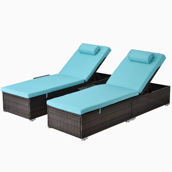 2 Piece PE Wicker Outdoor Lounge Chair， Beach Recliner Chairs with Side Table and Cushions， Set of 2