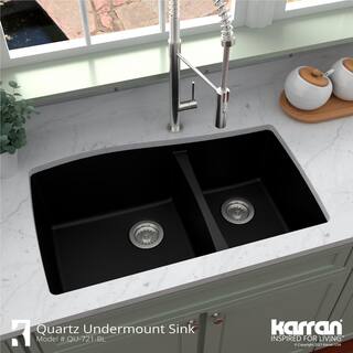 Karran Undermount Quartz Composite 33 in. 6040 Double Bowl Kitchen Sink in Black QU-721-BL