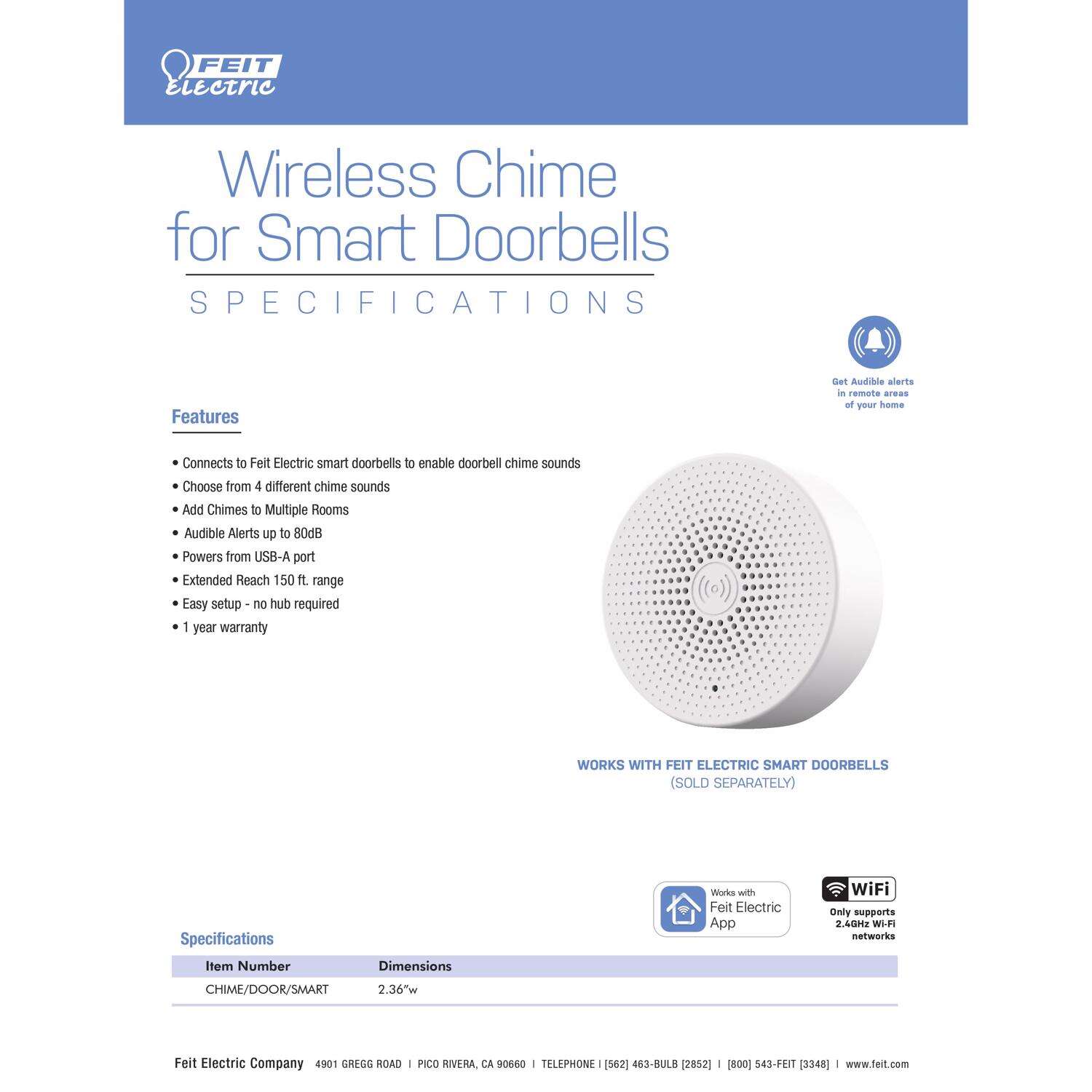 Feit White Plastic Wireless Door Chime Bell