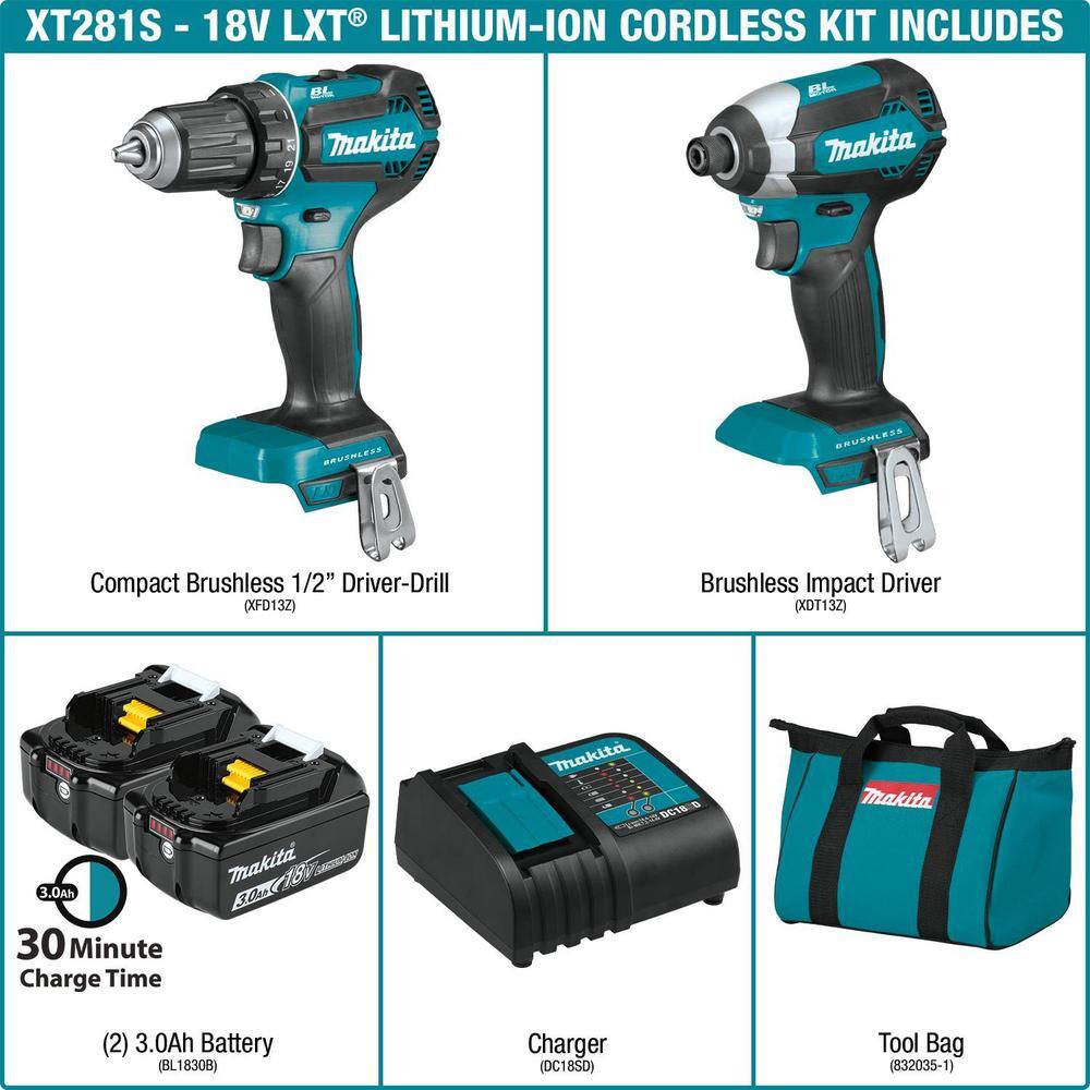 Makita 18V LXT Lithium-ion Brushless Cordless 2-Piece Combo Kit 3.0Ah Driver-Drill Impact Driver XT281S