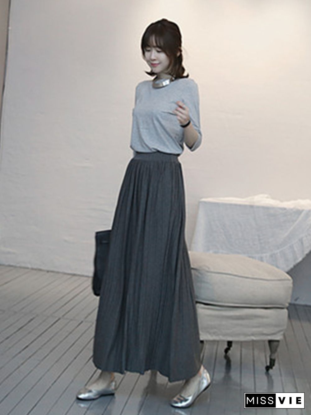 Casual Solid Color Elasticity Waist Pleated Skirts