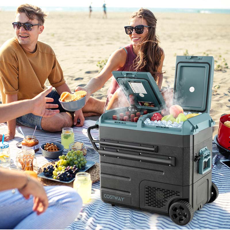 61-Quart Dual-zone Car Refrigerator with Wheels, 12V/24V DC & 100-240V AC Portable Car Fridge Cooler Freezer