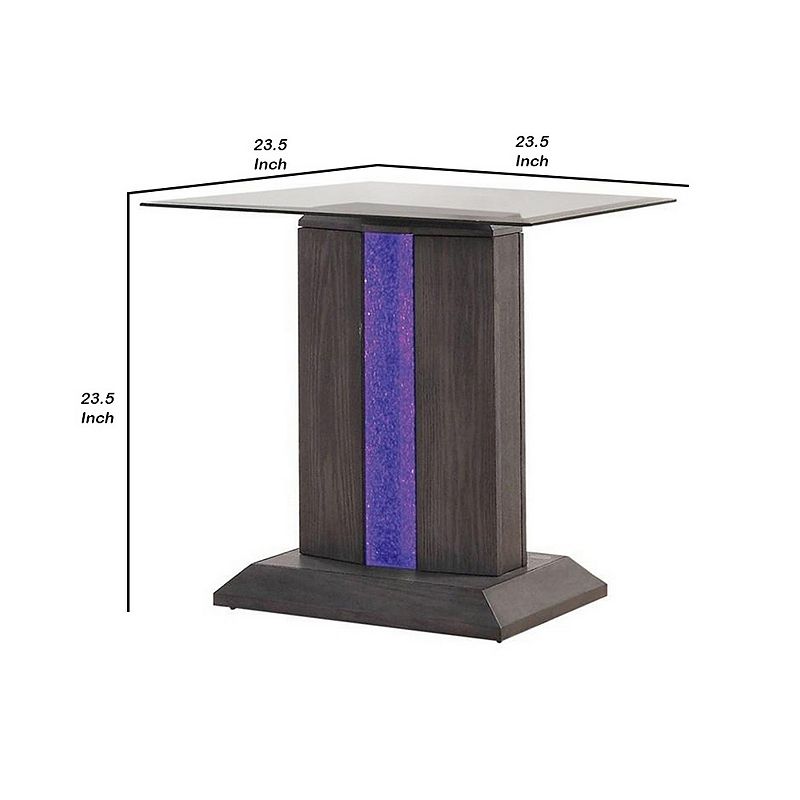 Glass Top End Table with Wooden Pedestal Base， Gray