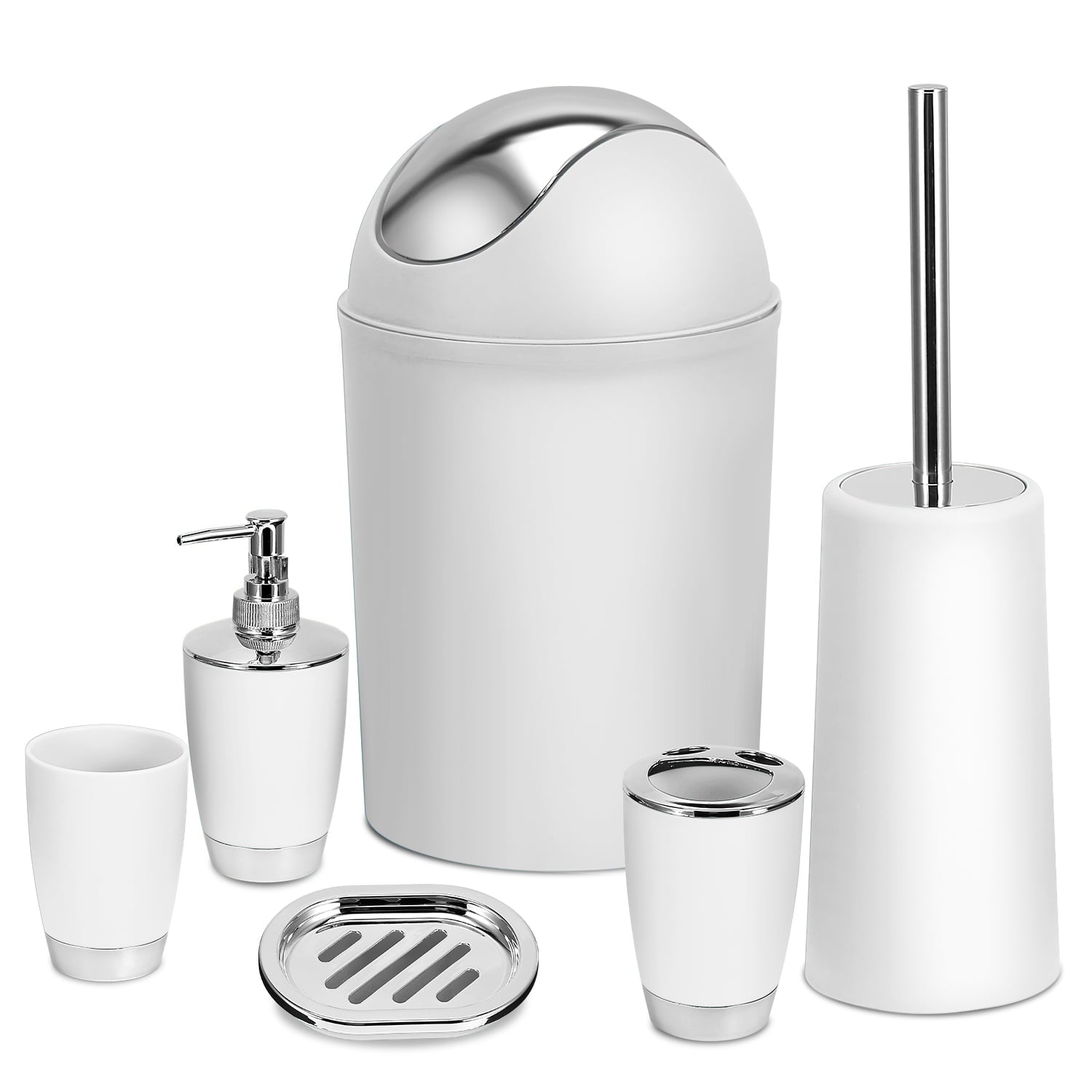 iMountek Bathroom Accessories Set 6 Pcs Bathroom Set Gift SetTumbler Straw Set Ensemble Complete Soap Dispenser Toothbrush Holder Tumbler Soap Dish Toilet Cleaning Brush Trash Can for White