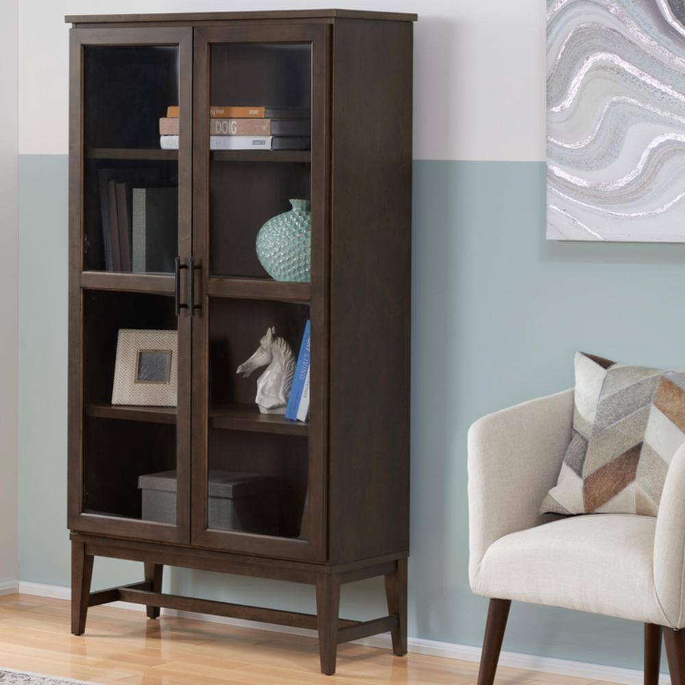 Home Decorators Collection 61 in. Smoke Brown Wood Adjustable 4-Shelf Standard Bookcase with Glass Door SK19345Br2-S