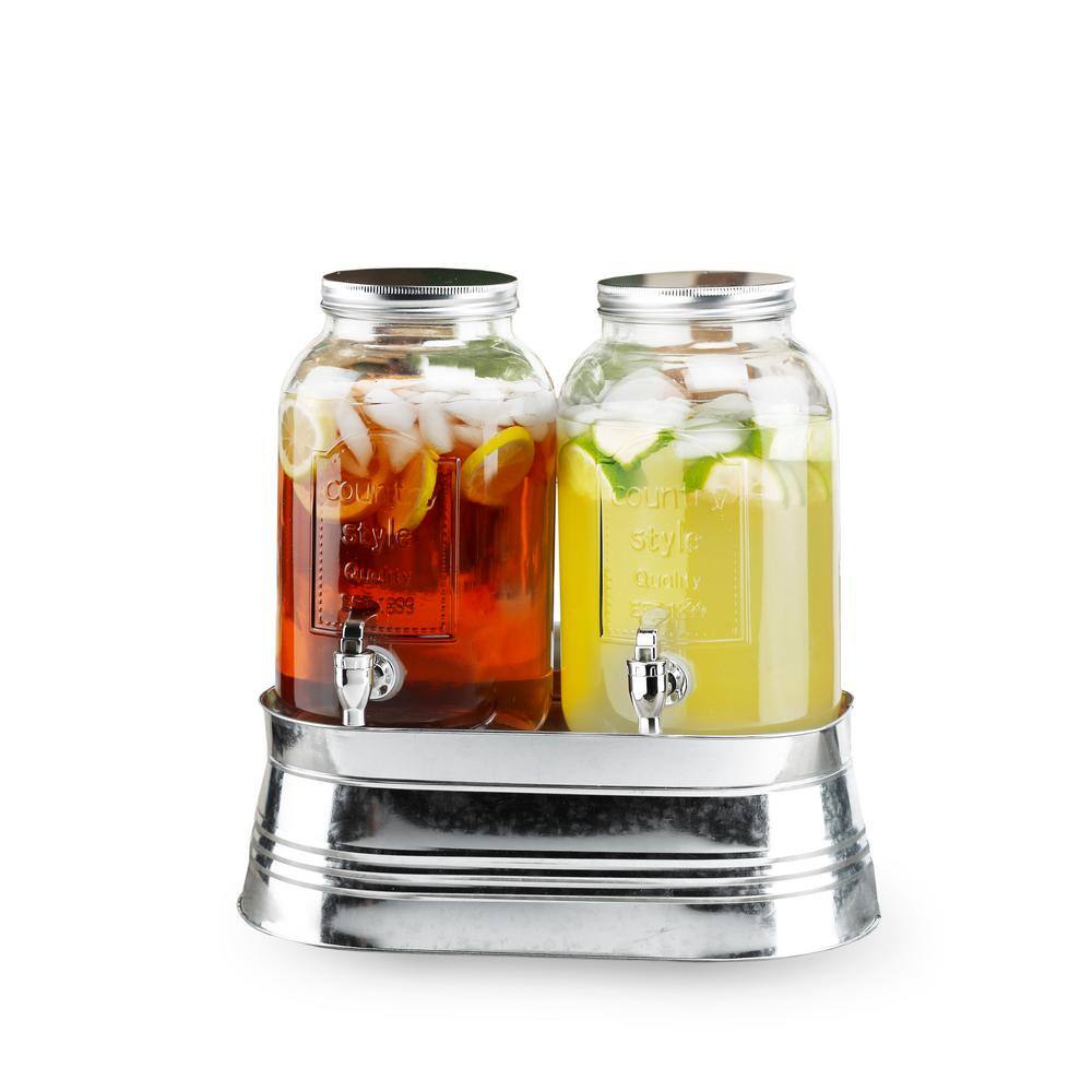 Style Setter Classic Farmhouse Set of 2-1 Gal. Clear Cold Beverage Glass Dispenser with Bucket Stand and Leak Proof Acrylic Spigot 410418-RB