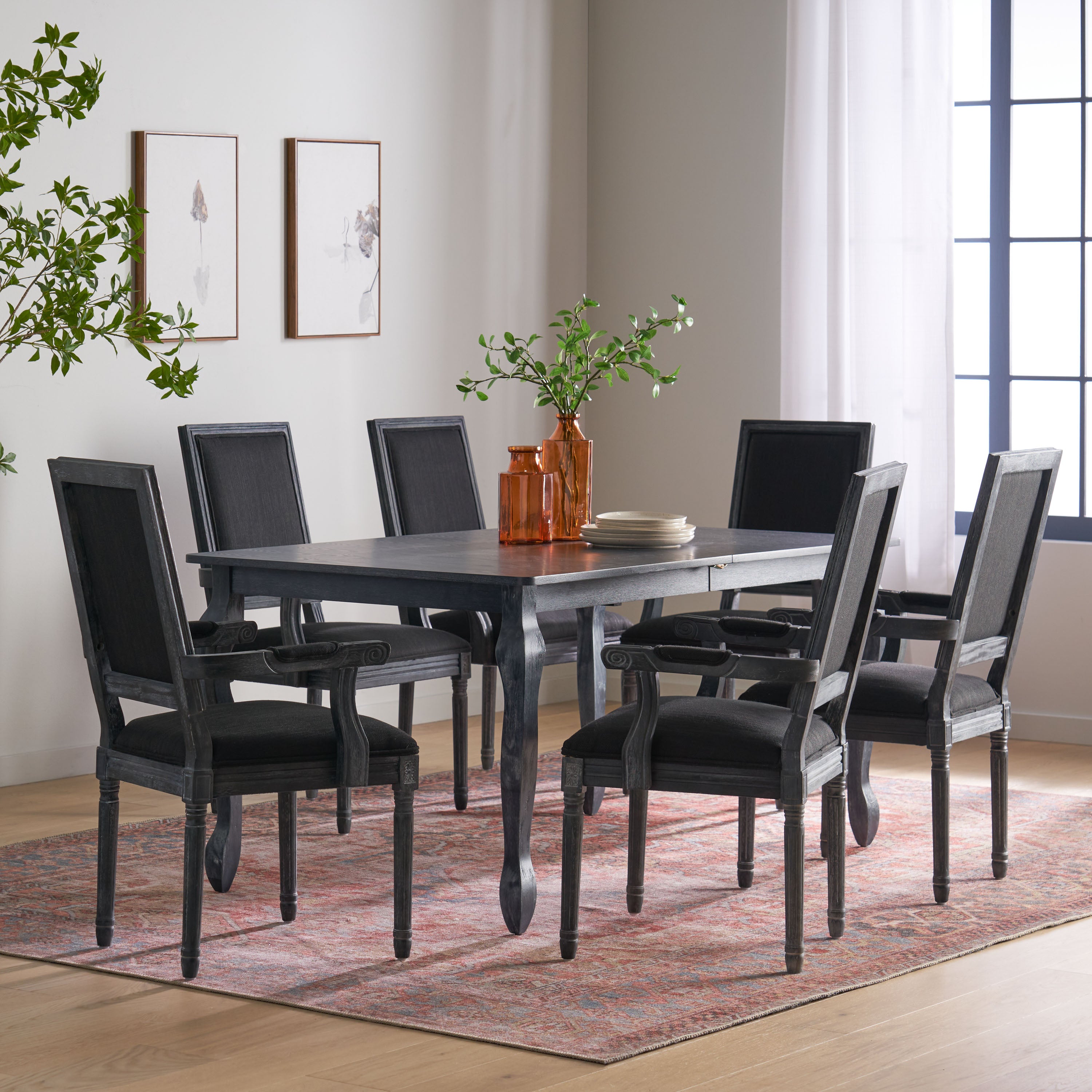 Regan French Country Fabric Upholstered Wood Expandable 7 Piece Dining Set