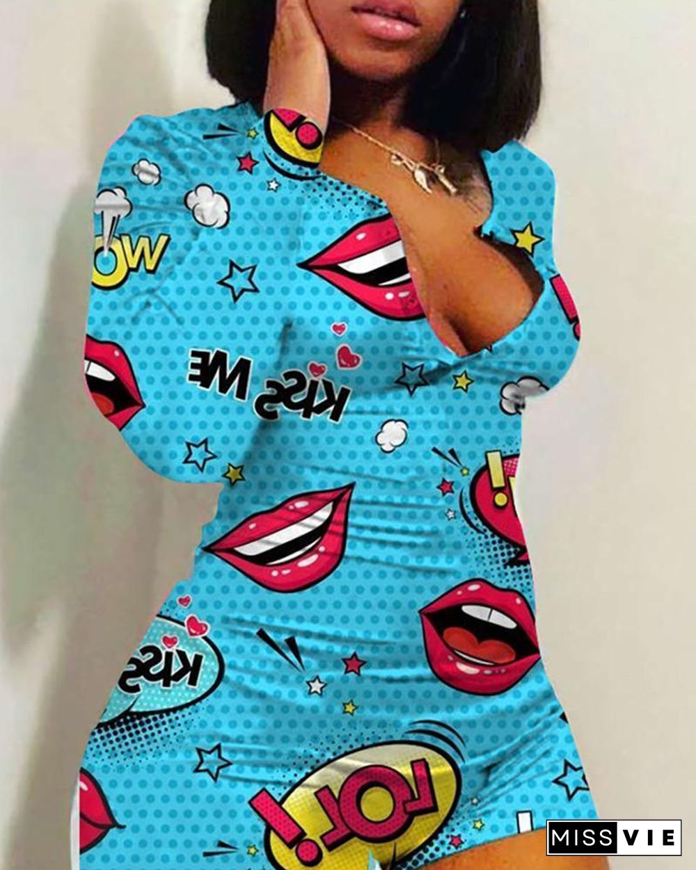 Lip Cartoon Print Plunge Romper P13274