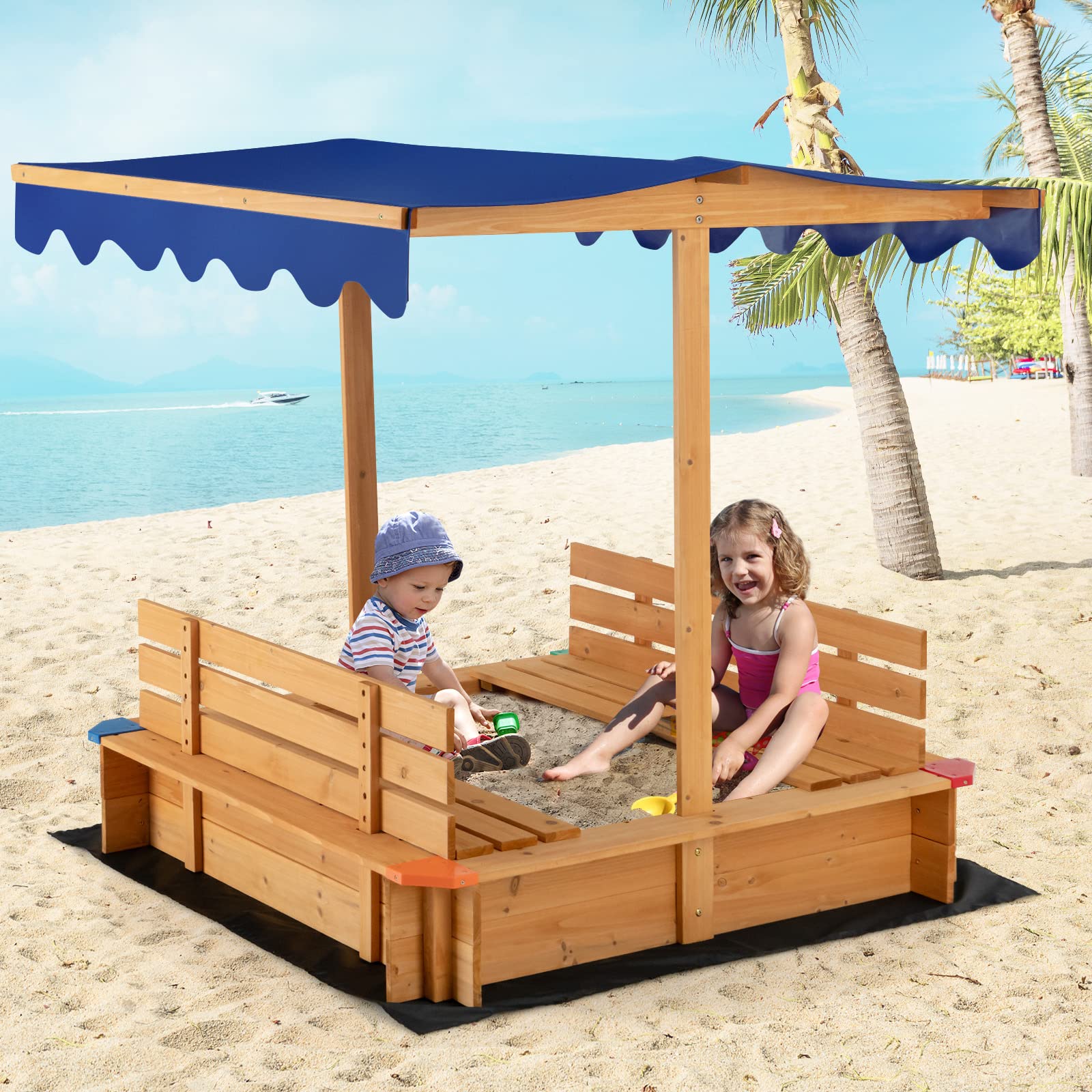 Costzon Kids Wooden Sandbox with Canopy, 2 Bench Seats w/ Backrest