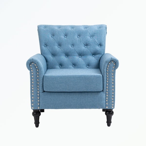 Linen Armchair with Tufted Back and Wood Legs