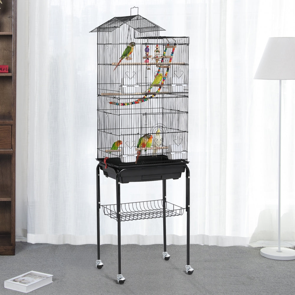 Topeakmart 62.5''H Rolling Metal Birdcage Parrot Cage with Detachable Stand， Black