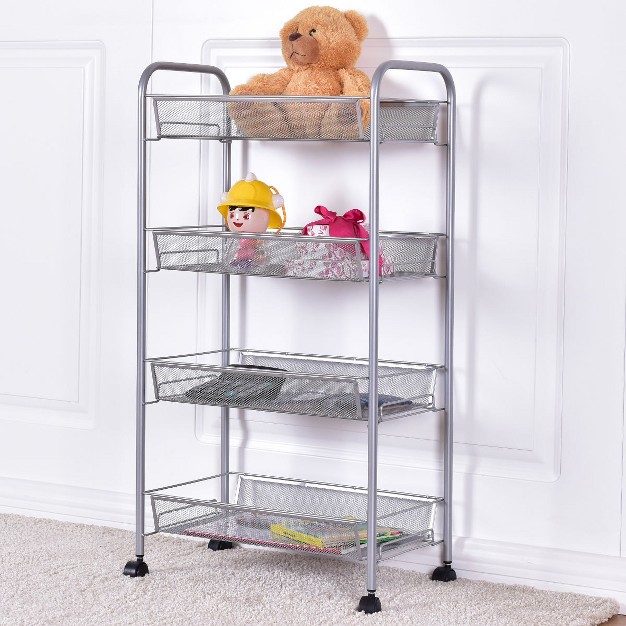 Costway 4 Tier Storage Rack Trolley Cart Home Kitchen Organizer Utility Baskets Silver Steel