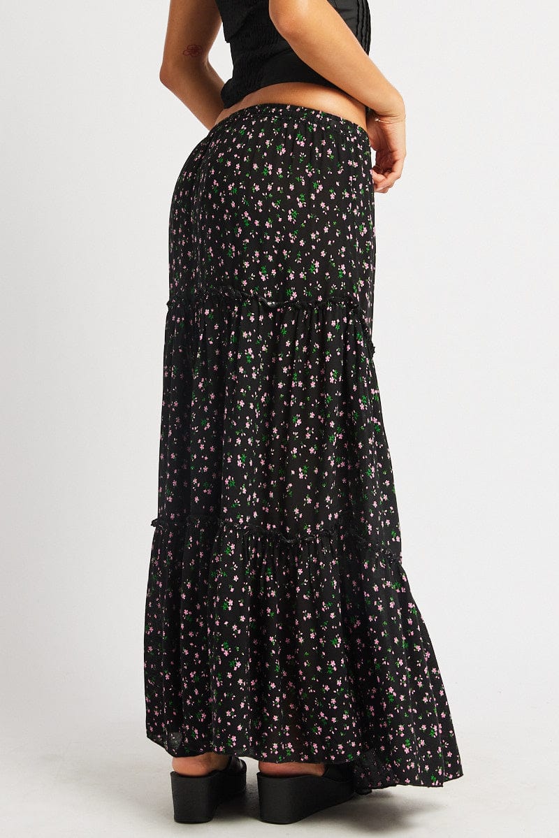 Black Ditsy Maxi Skirt Tiered High Rise Elastic Waistband