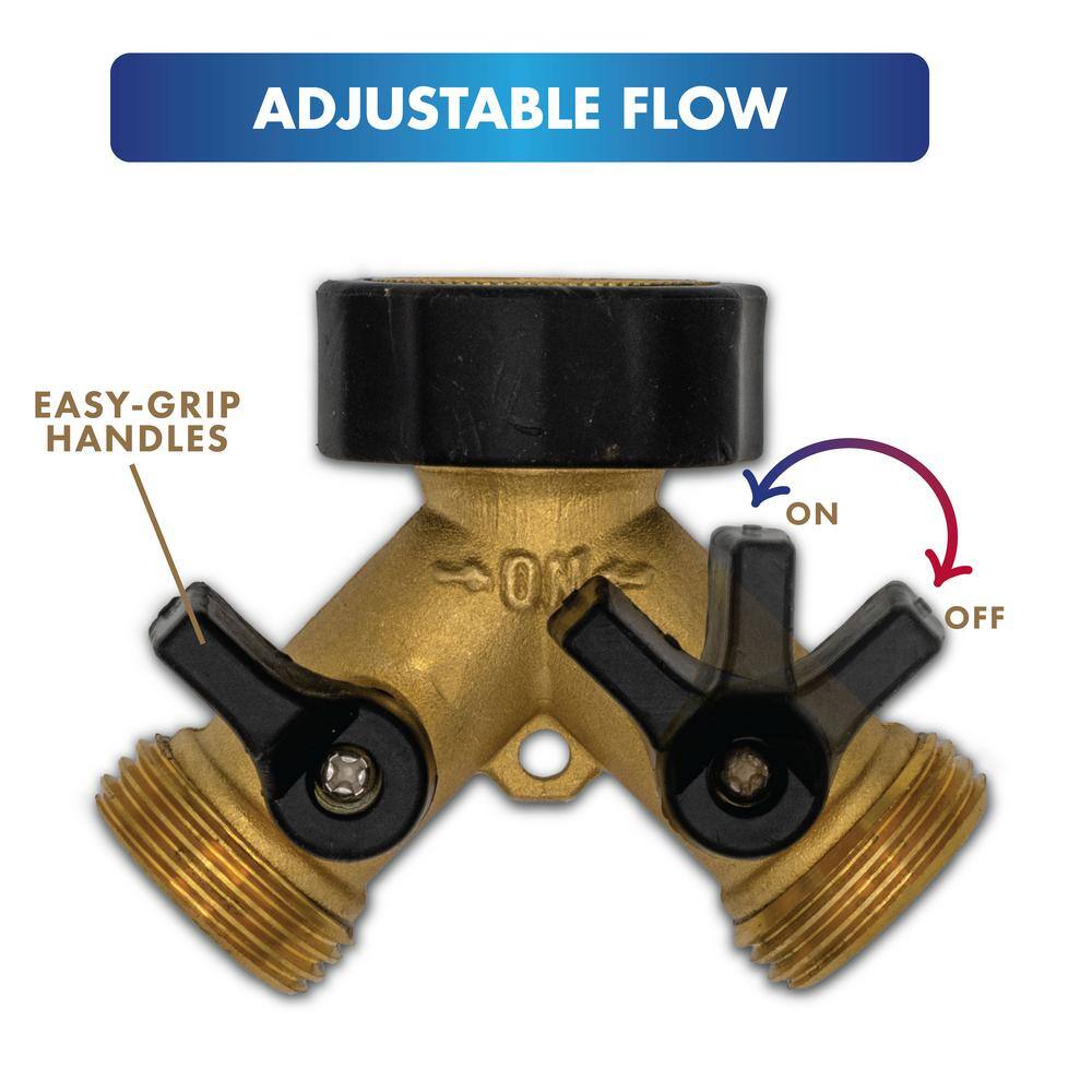 FREEZE MISER Heavy Duty Brass 2 Way Y-Valve 34 in. Garden Hose Splitter with Shutoff + 2 Hose Washers and Comfort Grips 34 inch 2482