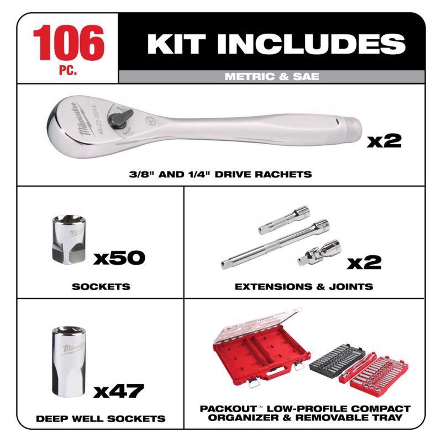 MW PACKOUT 1/4 and 3/8 in. drive Metric and SAE 106 Piece Mechanics Ratchet and Socket Set 90