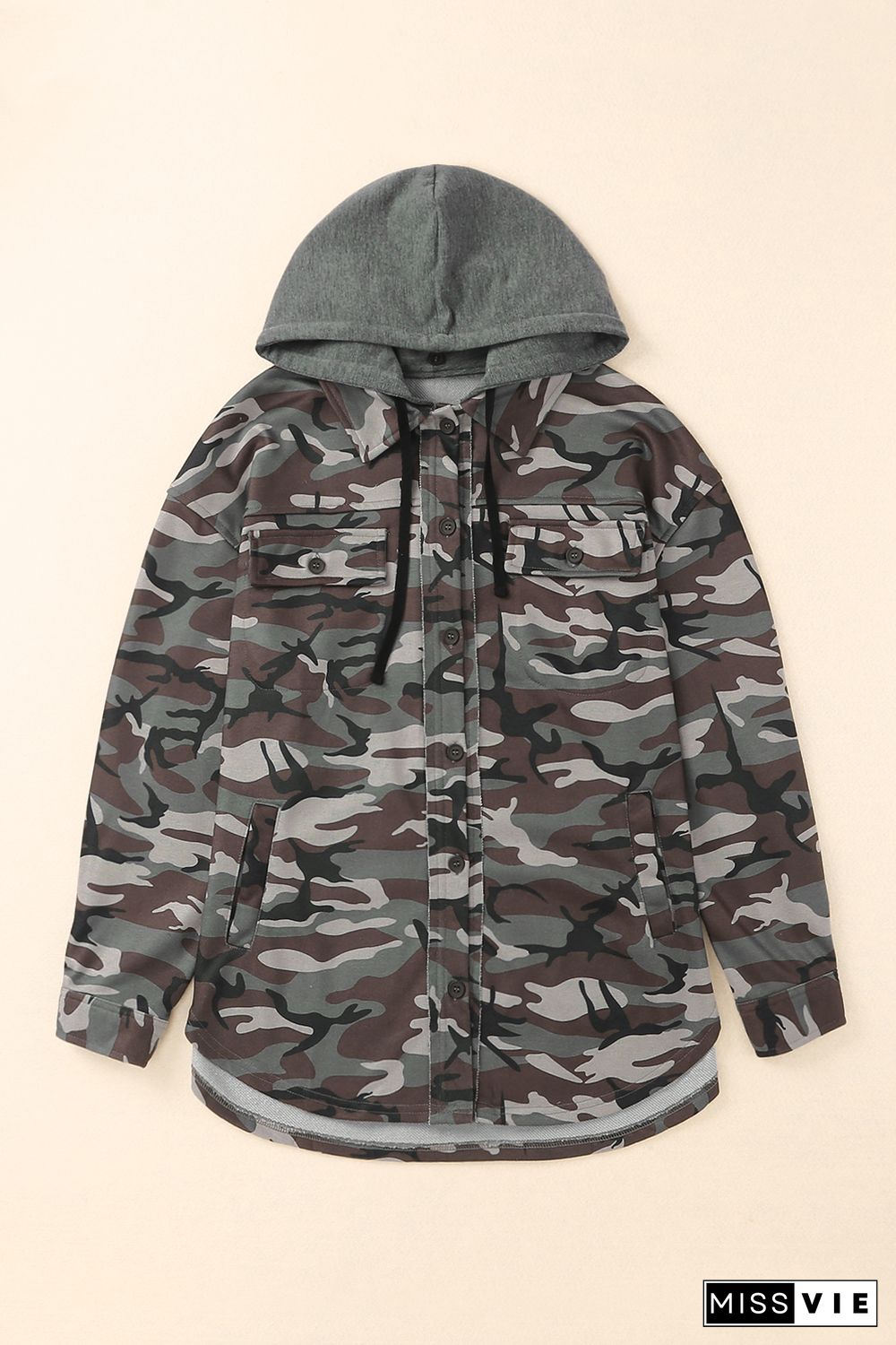 Green Camo Print Button up Hooded Jacket