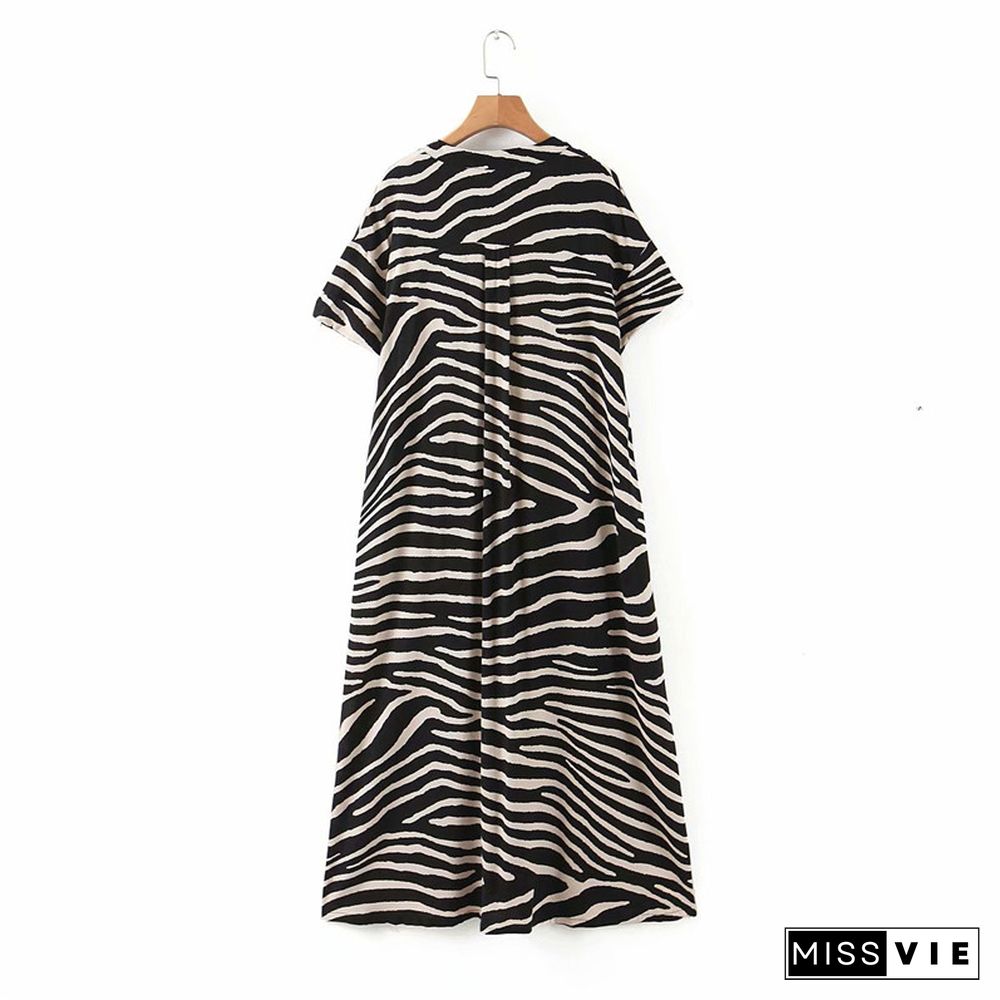 TMODA Summer Zebra Pattern Print Loose Midi Dress Women High Street Short Sleeve Sexy Vestidos Party Shirt Dress