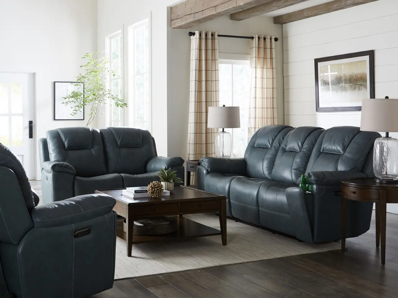 Chandler Blue Gray Power Reclining Sofa with Hidden Cup Holders