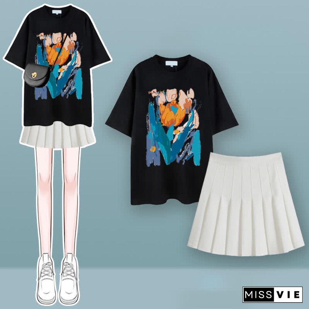 Tulip Cherry Blossom Print T-Shirt Pleated Skirt Two Pieces Set