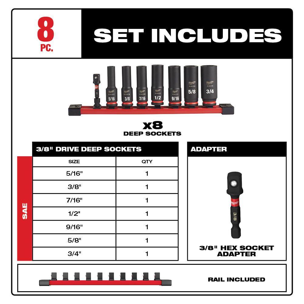 MW SHOCKWAVE Impact Duty 38 in. Metric and SAE Deep Impact Rated Socket Set (16-Piece) 49-66-7021-49-66-7024