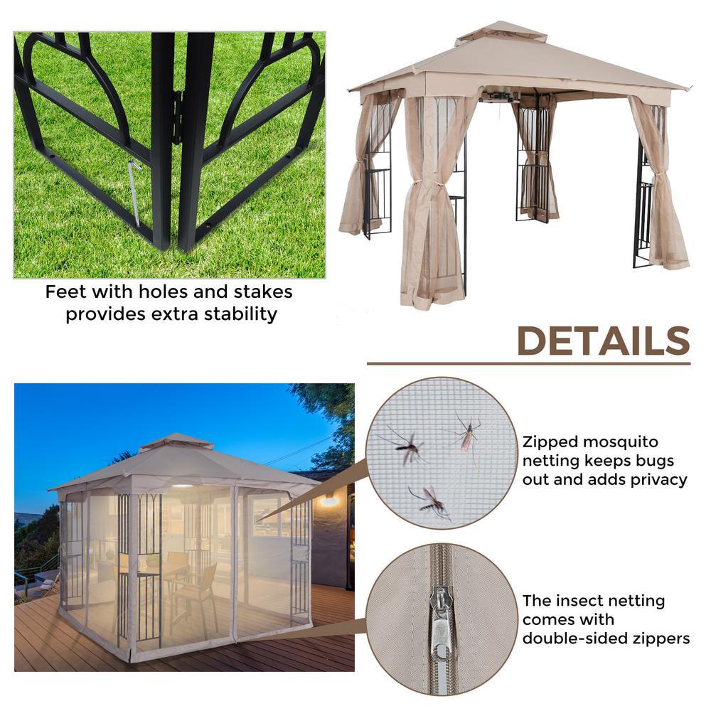 LAUREL CANYON 10 ft x 10 ft Khaki Soft Top Steel Outdoor Patio Gazebo with Netting and Shelves