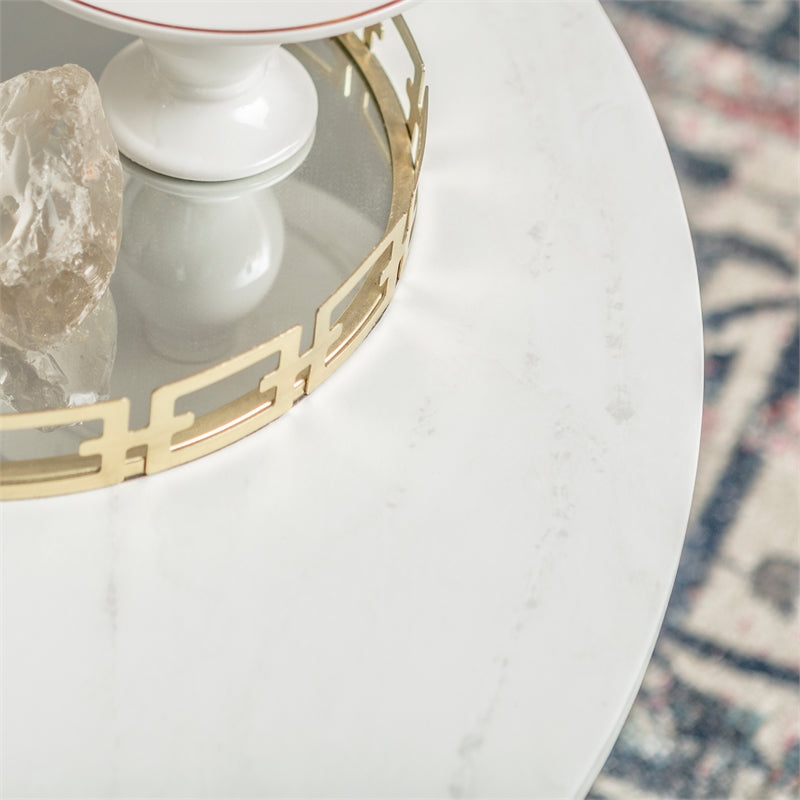 Modern Round White Faux-Marble Coffee Table with Gold Base