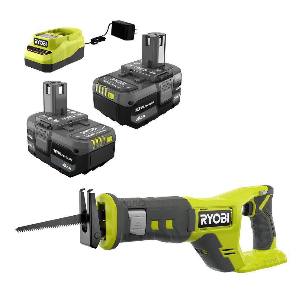 RYOBI ONE+ 18V Lithium-Ion 4.0 Ah Compact Battery (2-Pack) and Charger Kit with FREE Cordless ONE+ Reciprocating Saw PSK006-PCL515B