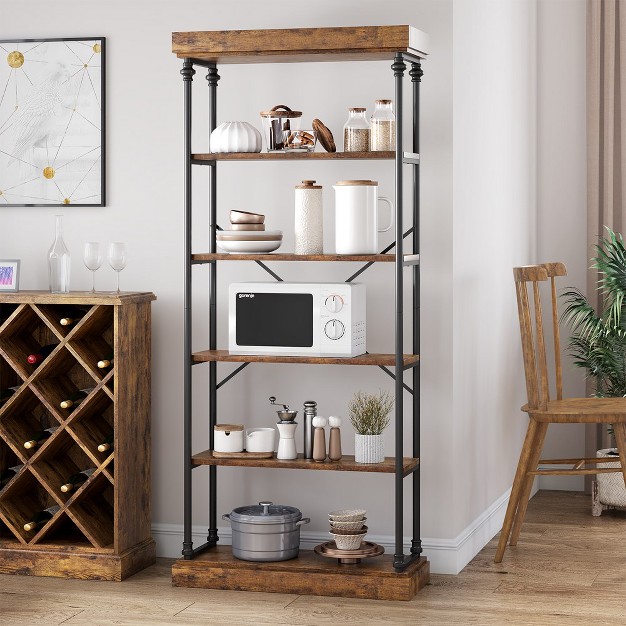 Trinity Industrial Bookshelf Wood Bookcase 6 Tier Storage Open Rack Shelf Metal Frame For Bedroom living Room And Home Office