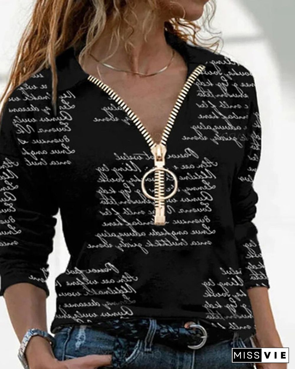 Fashion Women's Fashion V Neck Long Sleeve Tops Ladies Casual Shirts Zipper Letter Print Tops Blouse Plus Size S-5XL