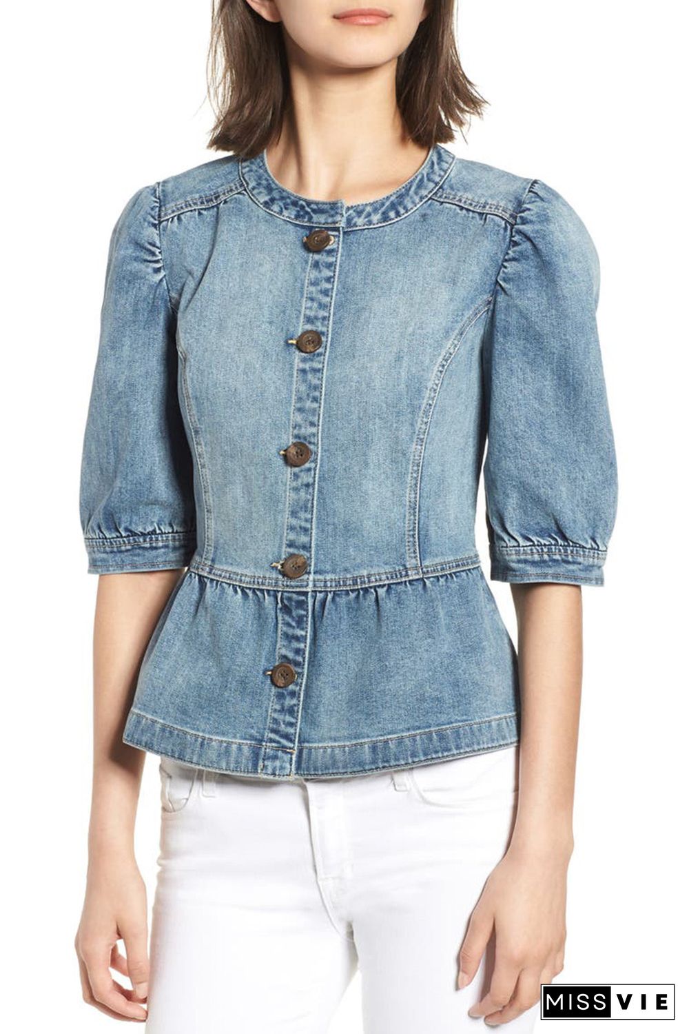 Sky Blue Half Sleeves Peplum Denim Jacket