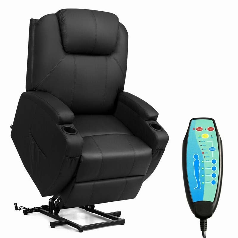 Heated Power Lift Recliner, Elderly Lift Chair, Leather Massage Recliner Sofa with 8 Vibrating Massage Nodes, 3 Side Pockets, 2 Cup Holders