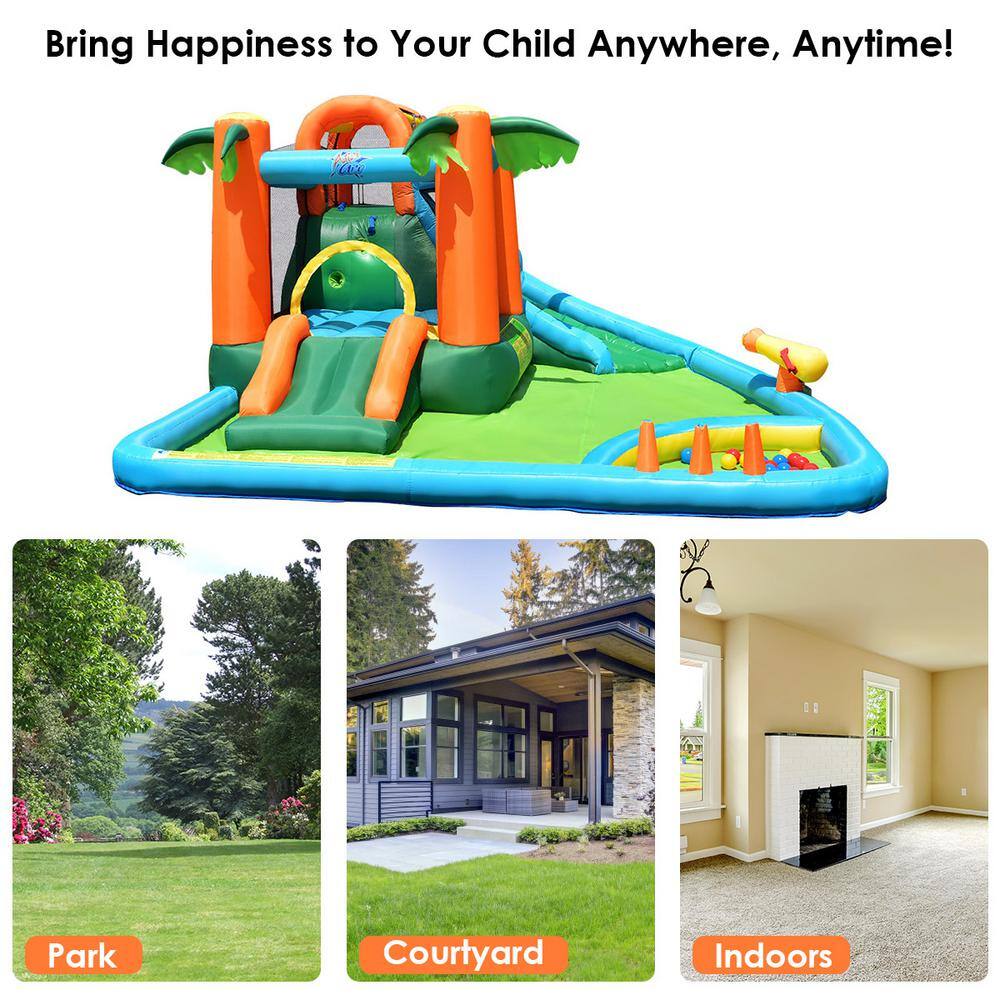 Costway Multi-Color Inflatable Bounce House Kids Water Splash Pool Dual Slide Jumping Castle with Bag OP70057