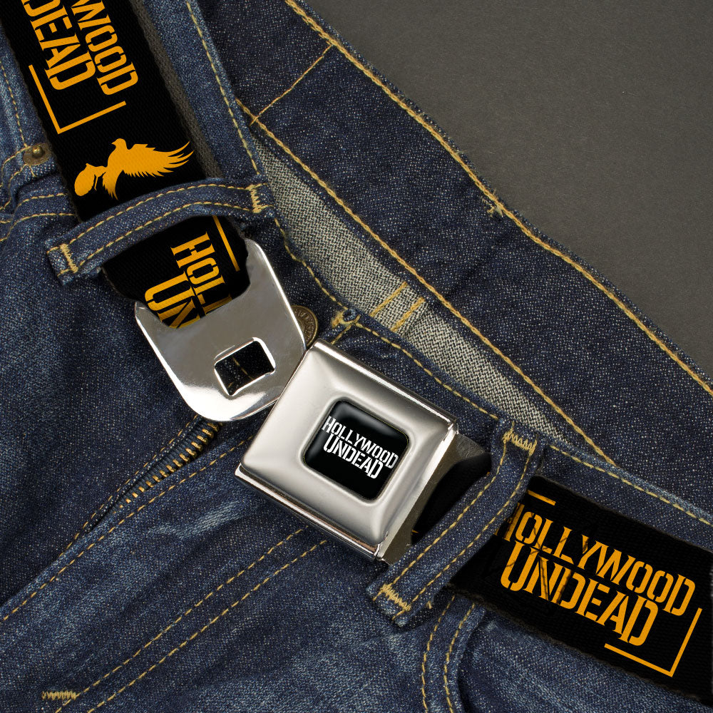 Hollywood Undead Belt， Seatbelt Buckle Belt， Hollywood Undead Text Logo Dove Grenade Icon Black Gold， 24 to 38 Inches