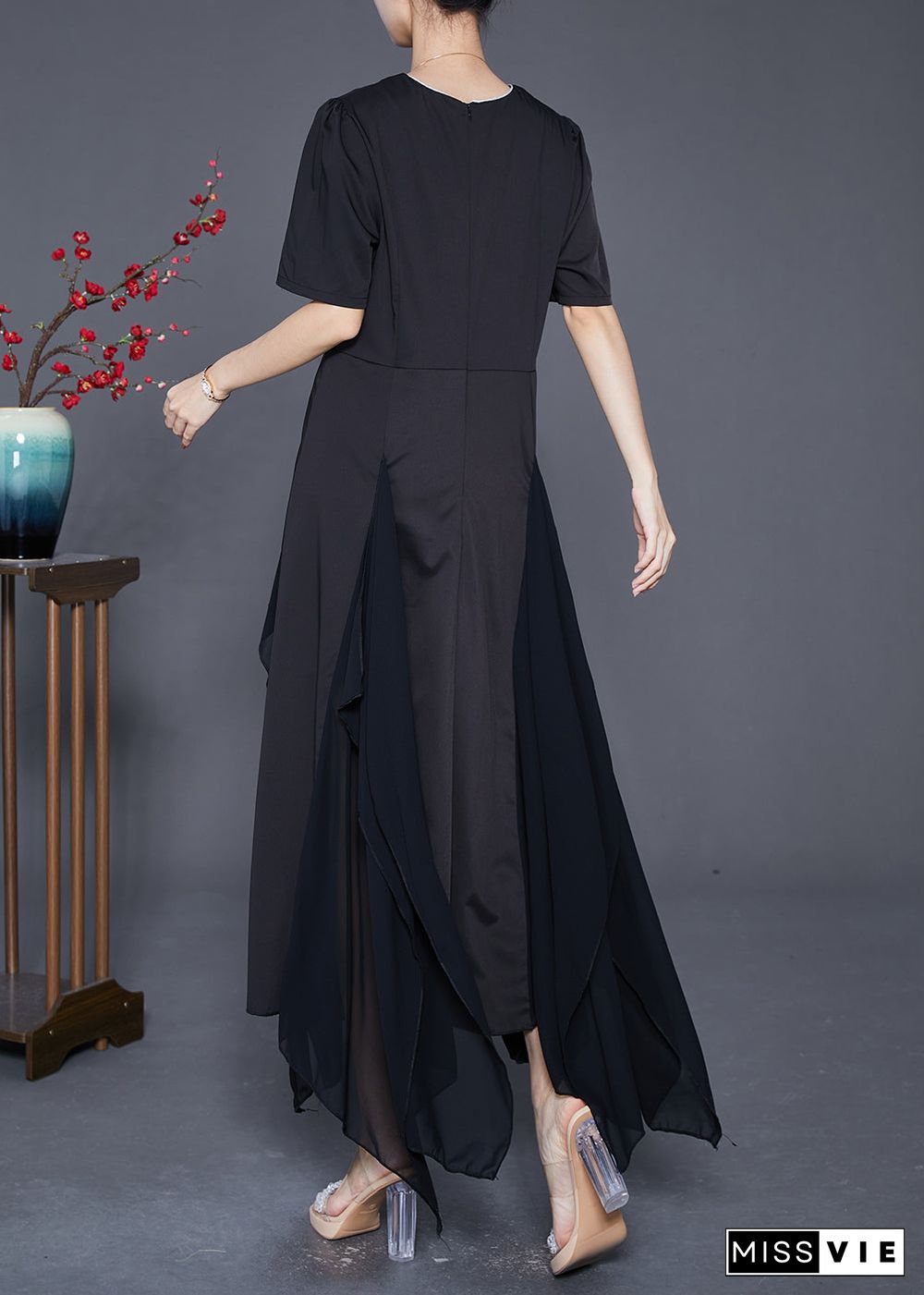 Style Black Asymmetrical Patchwork Exra Large Hem Chiffon Dress Summer