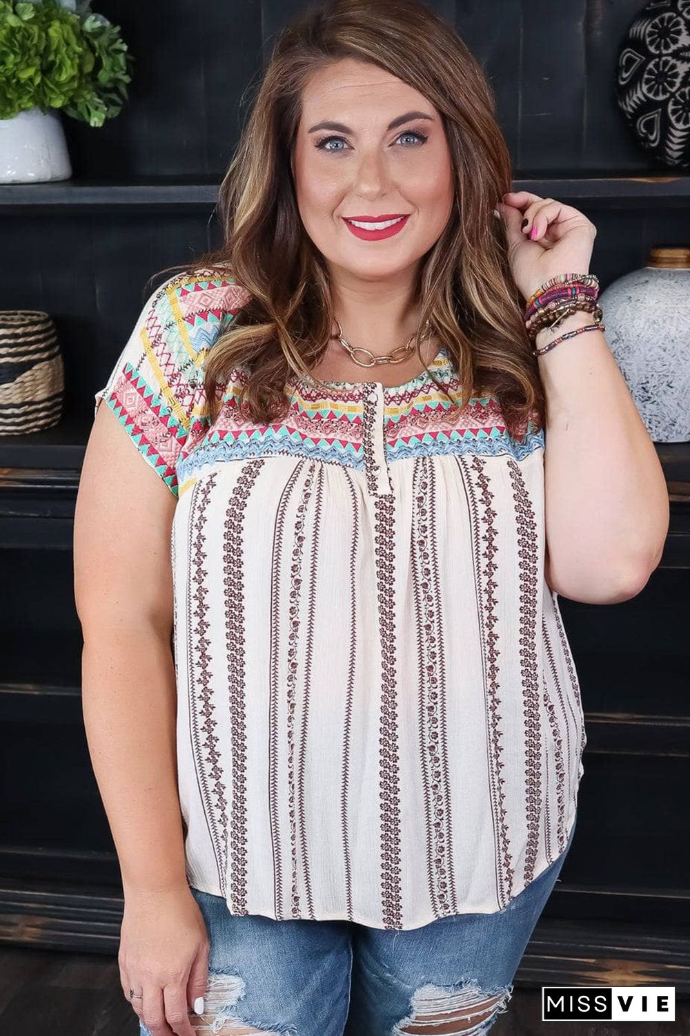 Multicolor Plus Size Boho Floral Striped Print Blouse