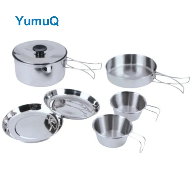 YumuQ 6 Pieces Stainless Steel Camping Cookware Set Kit With Plates And Bowls For Outdoor Travel Hiking Cooking