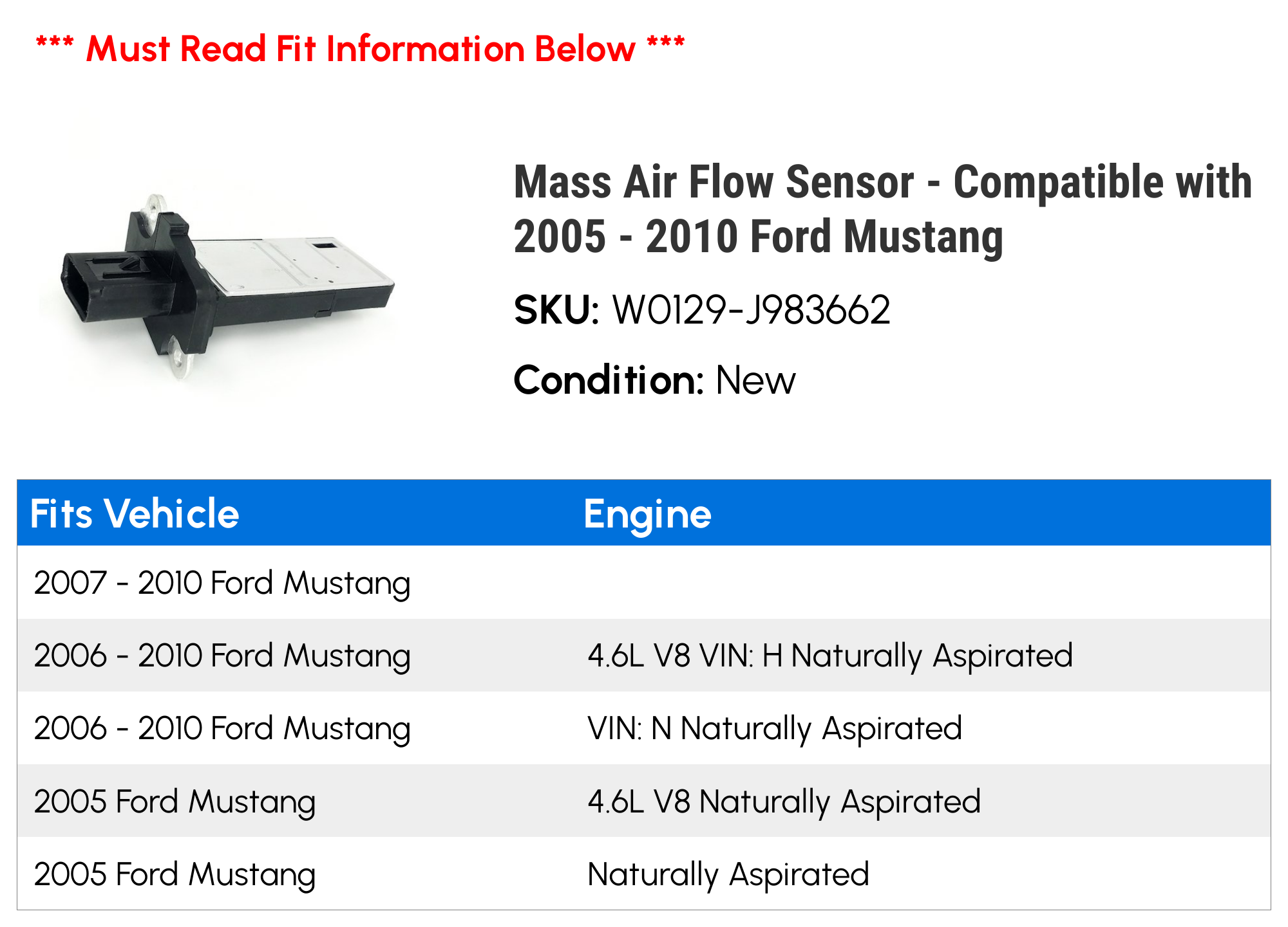 Mass Air Flow Sensor - Compatible with 2005 - 2010 Ford Mustang 2006 2007 2008 2009