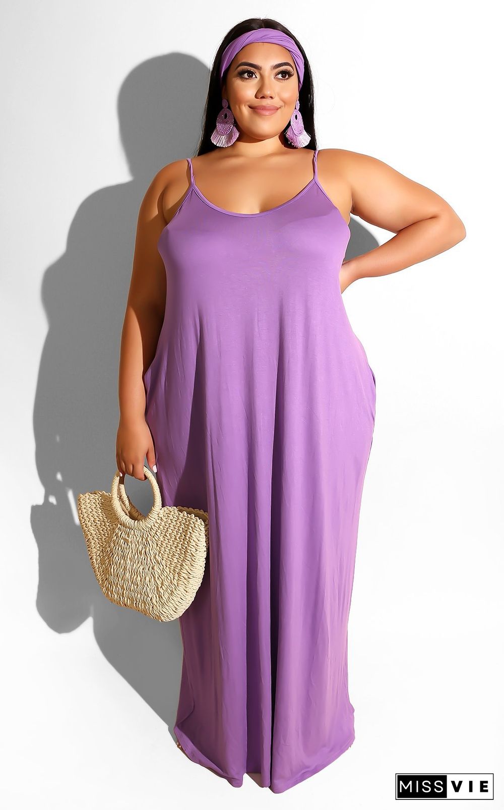 Solid Sling Loose Sashes Plus Size Maxi Dress